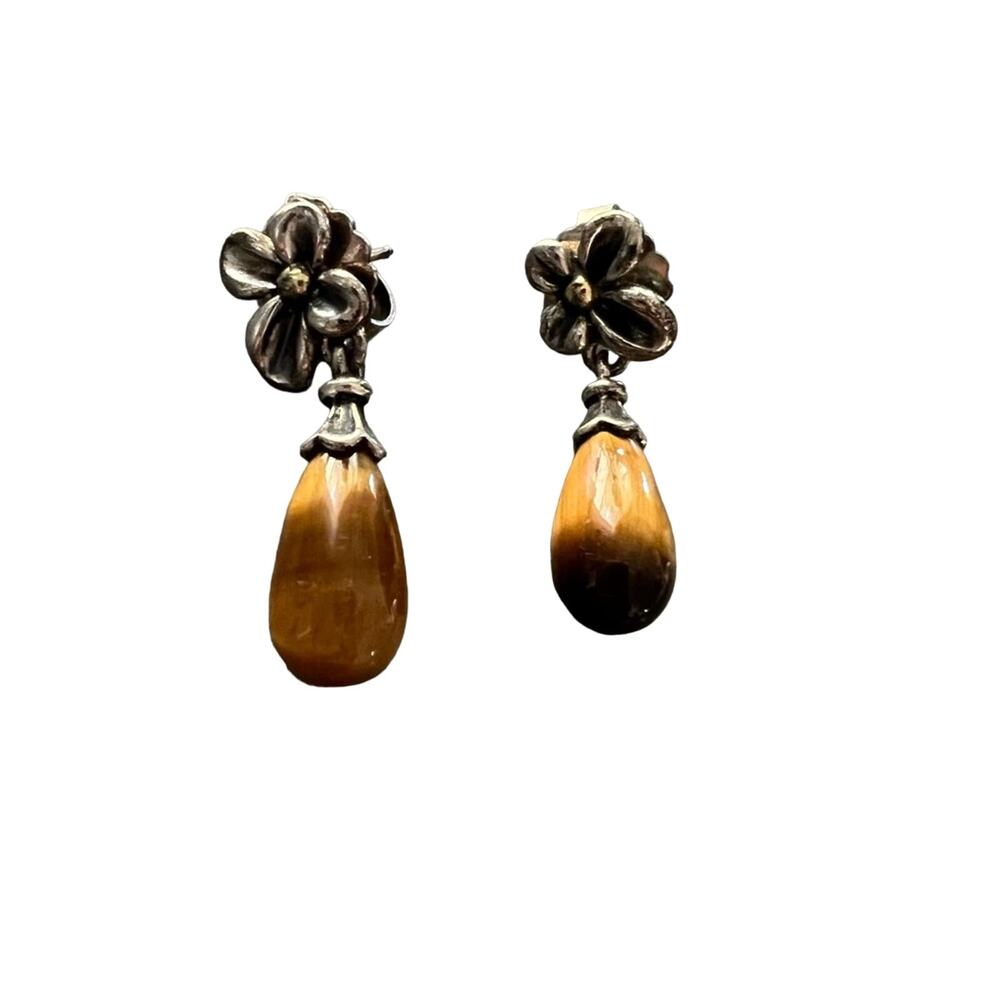 Ann King 18K & 925 Sterling Silver Flower Tiger Eye Stone Earrings